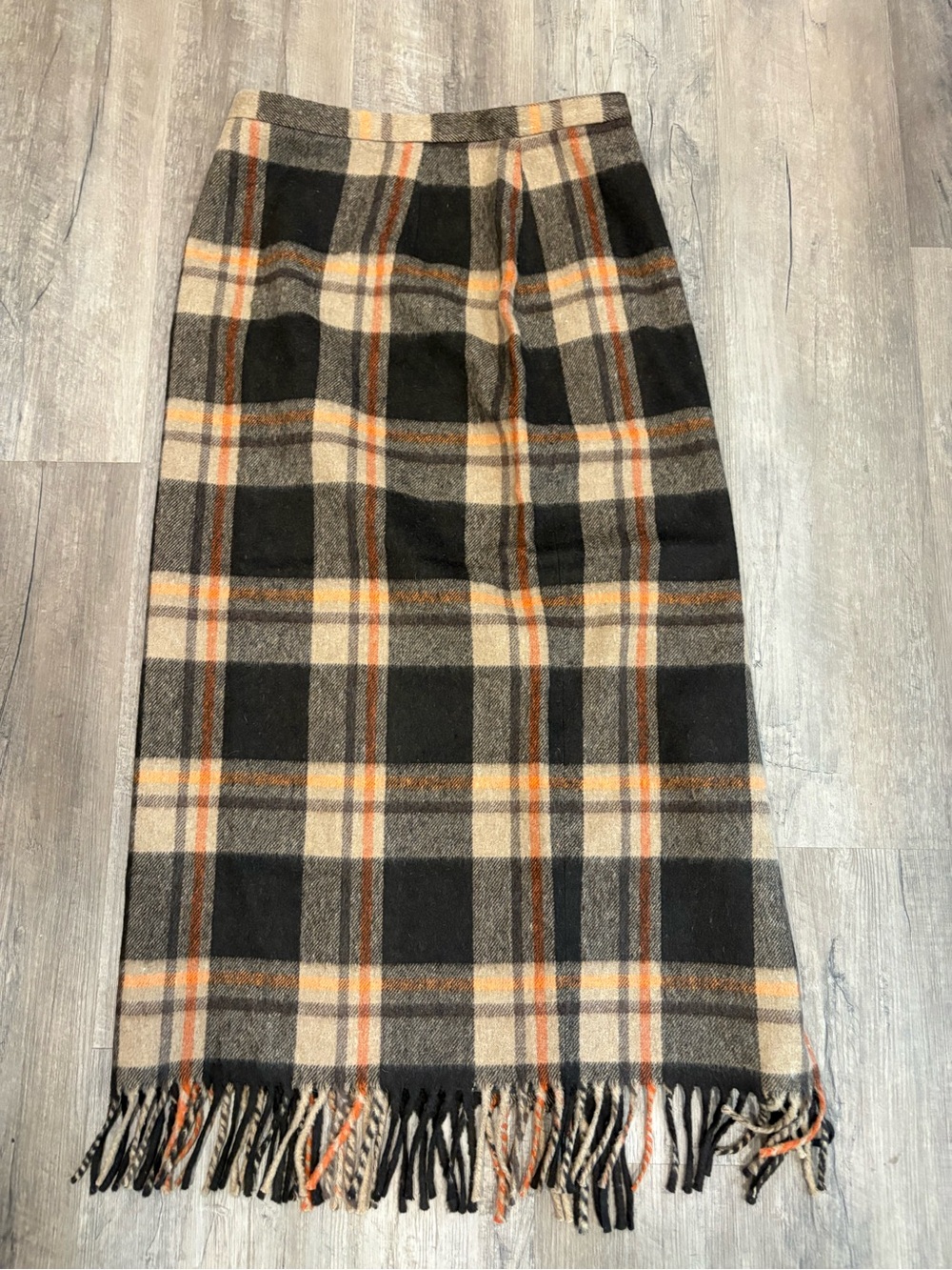 Vintage Wool Brown Plaid Maxi Skirt with Fringe and High Slit